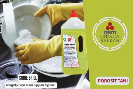 Detergjent profesional SHINE BRILL HORECA per larjen e enve te guzhines, detergjent per pjata restoranti, detergjent per kuzhine, detergjent per gota, detergjent per tepsi